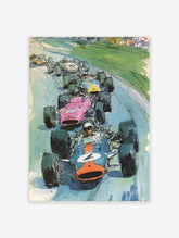 Illustrated vintage race car poster showing multiple colorful cars on a track during a race, with drivers visible.