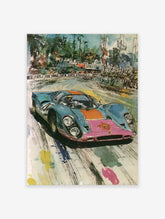 Vintage racing car poster illustration with a blue, orange, and pink car on a track, surrounded by palm trees and spectators.
