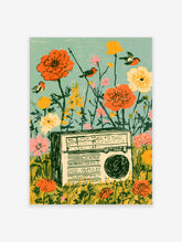 Vintage radio poster with orange and yellow wildflowers, green stems, and small birds on a teal background