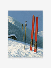 Vintage red skis and poles in deep snow with a mountain cabin and forest in the background, illustrative art print