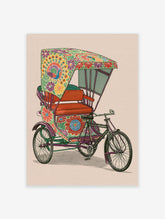 Vintage cycle rickshaw with floral canopy and peacock illustration art print