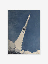 Vintage rocket launching into a blue sky with white exhaust, an illustrative space exploration art print.