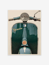 Close-up vintage green scooter print with chrome headlight, handlebars, and central emblem artwork
