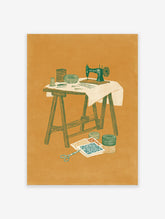 Illustrated vintage sewing art print with a sewing machine, spools of thread, fabric swatches, and scissors on a table.
