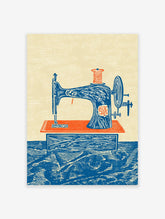 Vintage sewing machine art print in blue and orange linocut style on a light yellow background.