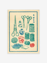Vintage Japanese sewing print with teal scissors, thread spools, yarn, and red & blue decorative vessels on a cream background.