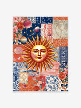 Vintage sun with human face and rays on a celestial collage background of blue and red patterns and planets