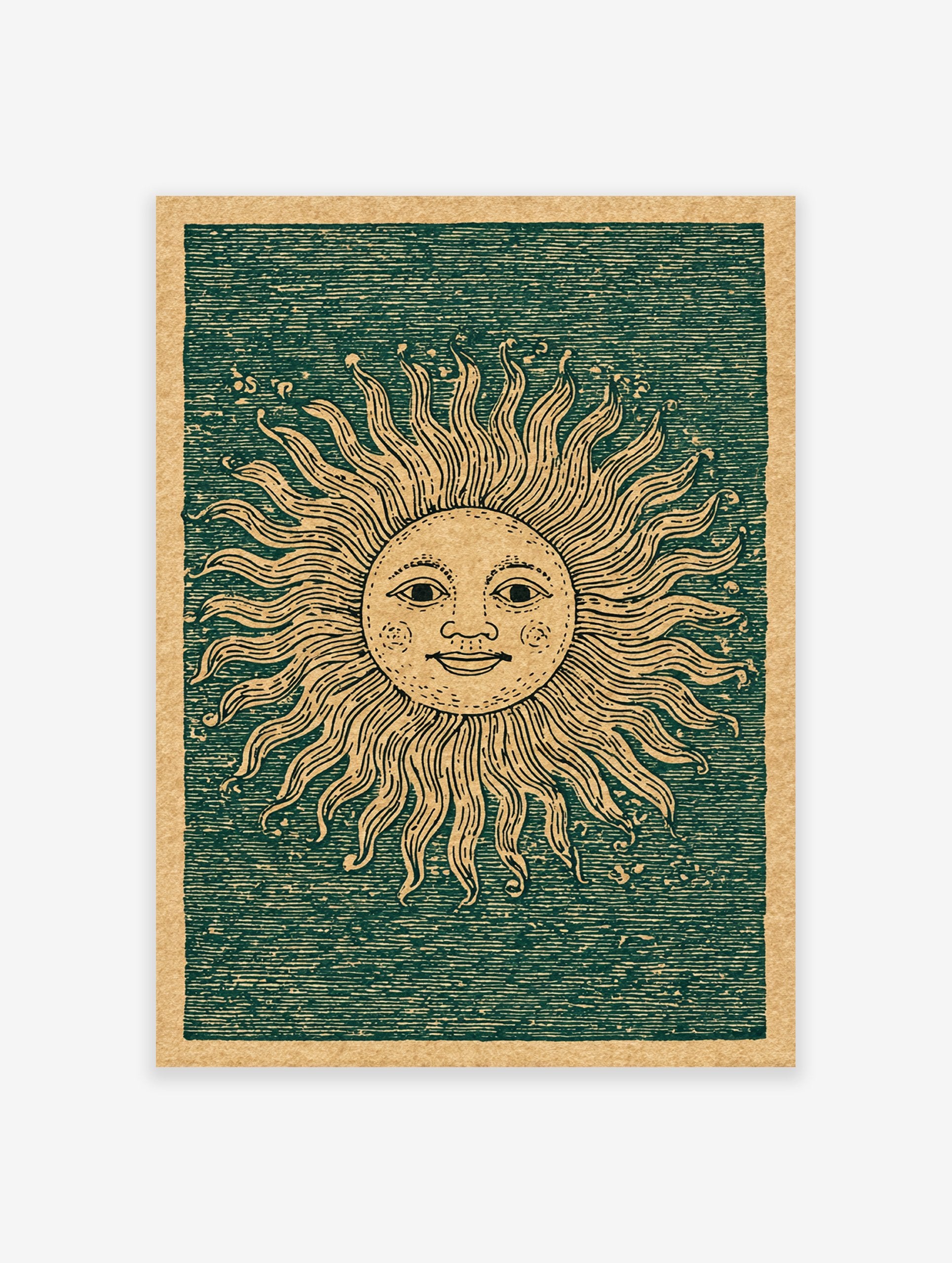 Vintage sun wall art illustration with a smiling face and radiating rays on a dark green textured background with a brown border.