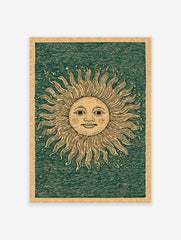 Vintage sun wall art illustration with a smiling face and radiating rays on a dark green textured background with a brown border.