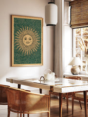 Vintage sun wall art illustration with a smiling face and radiating rays on a dark green textured background with a brown border. - Image 2