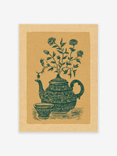 Vintage Teapot Botanical Print with teal floral illustration on brown paper, showing a teapot with flowers and a matching cup.