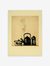 Vintage teapot still life poster with steaming kettle, lidded pot and coffee pot on tan background