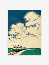 Vintage Japanese style illustration of a green train on tracks in a green landscape under a blue sky with large white clouds.
