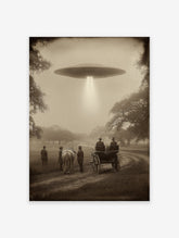 Sepia-toned vintage UFO wall art showing men and a horse-drawn carriage observing a flying saucer with a light beam.