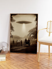 Sepia-toned vintage UFO wall art showing men and a horse-drawn carriage observing a flying saucer with a light beam. - Image 2