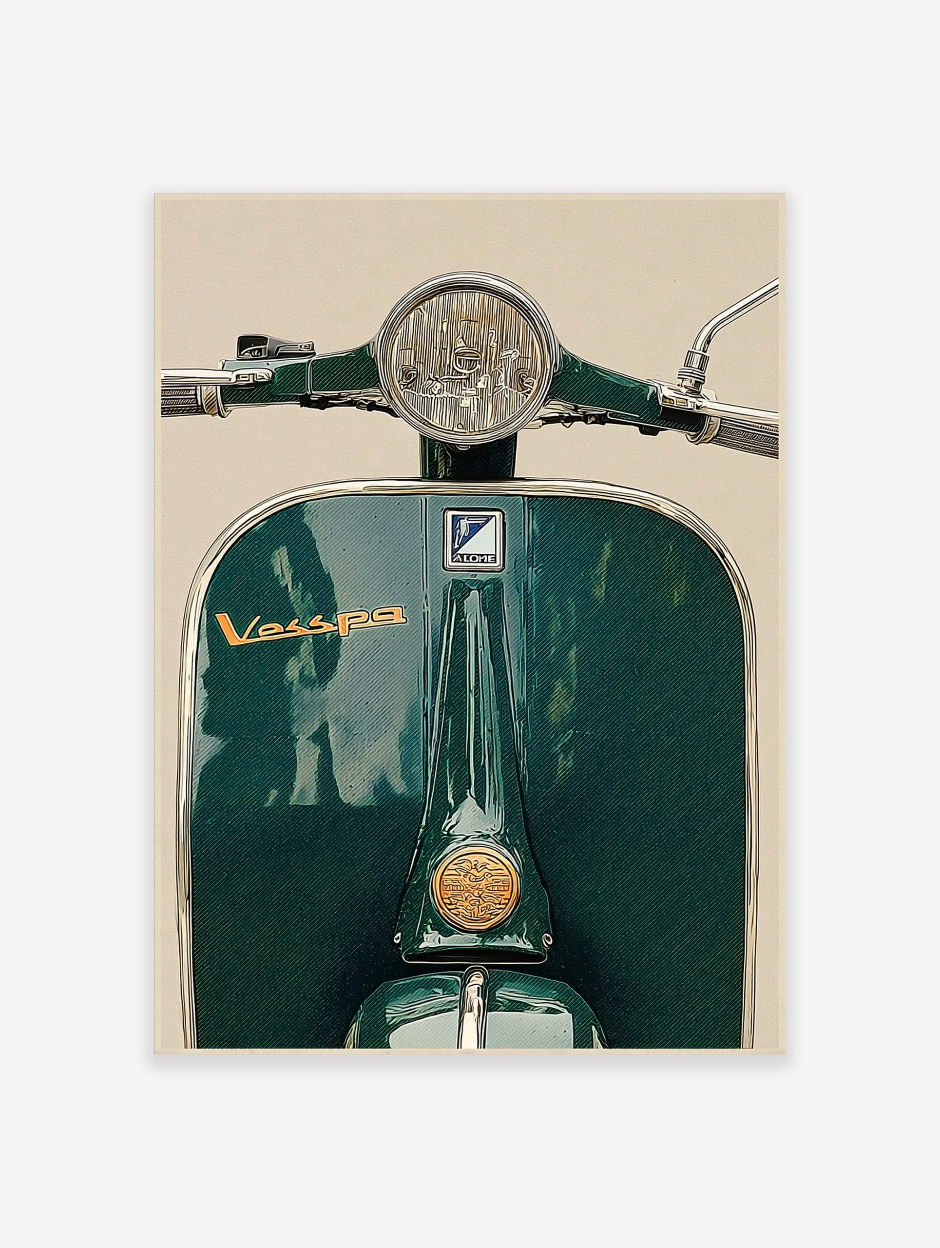 Close-up front view of a dark green vintage Vespa scooter with chrome headlight and 'Vespa' script logo