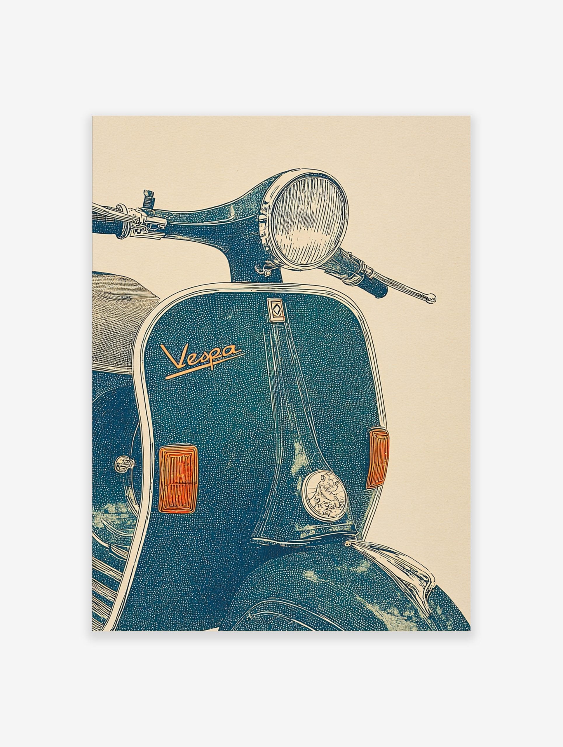 Illustrative vintage blue-green Vespa scooter wall art print with headlight and 'Vespa' logo