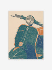 Vintage Vespa scooter illustrative art print in teal and orange with 'Vespa' script and headlight