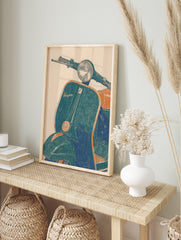 Vintage Vespa scooter illustrative art print in teal and orange with 'Vespa' script and, in an alternate framed mockup