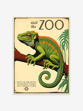 Vintage zoo poster featuring a green chameleon on a branch with tropical leaves and 'Visit the Zoo' text.