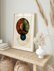 Minimalist vinyl record wall art print with vibrant red, yellow, blue and green geometric, in an alternate framed mockup