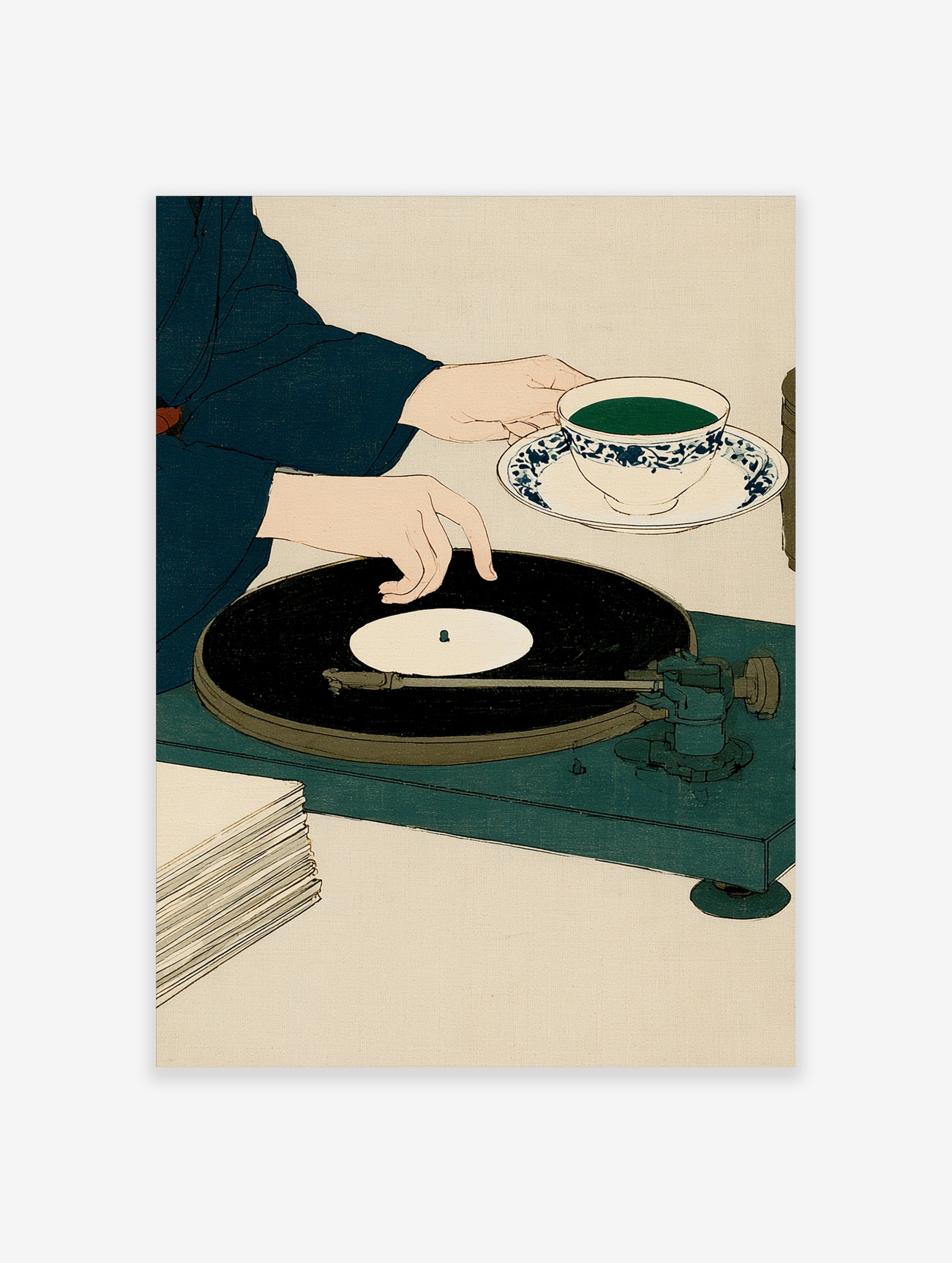 Minimalist illustration of a person handling a vinyl record on a turntable while holding a cup of green tea