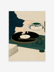 Minimalist illustration of a person handling a vinyl record on a turntable while holding a cup of green tea