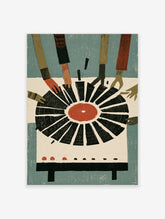 Illustrative print of hands reaching for a vinyl record with a red centre against a blue background