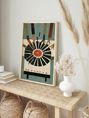 Illustrative print of hands reaching for a vinyl record with a red centre against a blue, in an alternate framed mockup