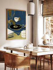 Modern illustration of a person with a teacup and vinyl record player in blue and gold tones on a, in a styled room mockup