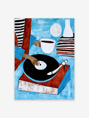 Illustrative art print of a person using a vinyl record player with a coffee cup and stacked records on a blue background