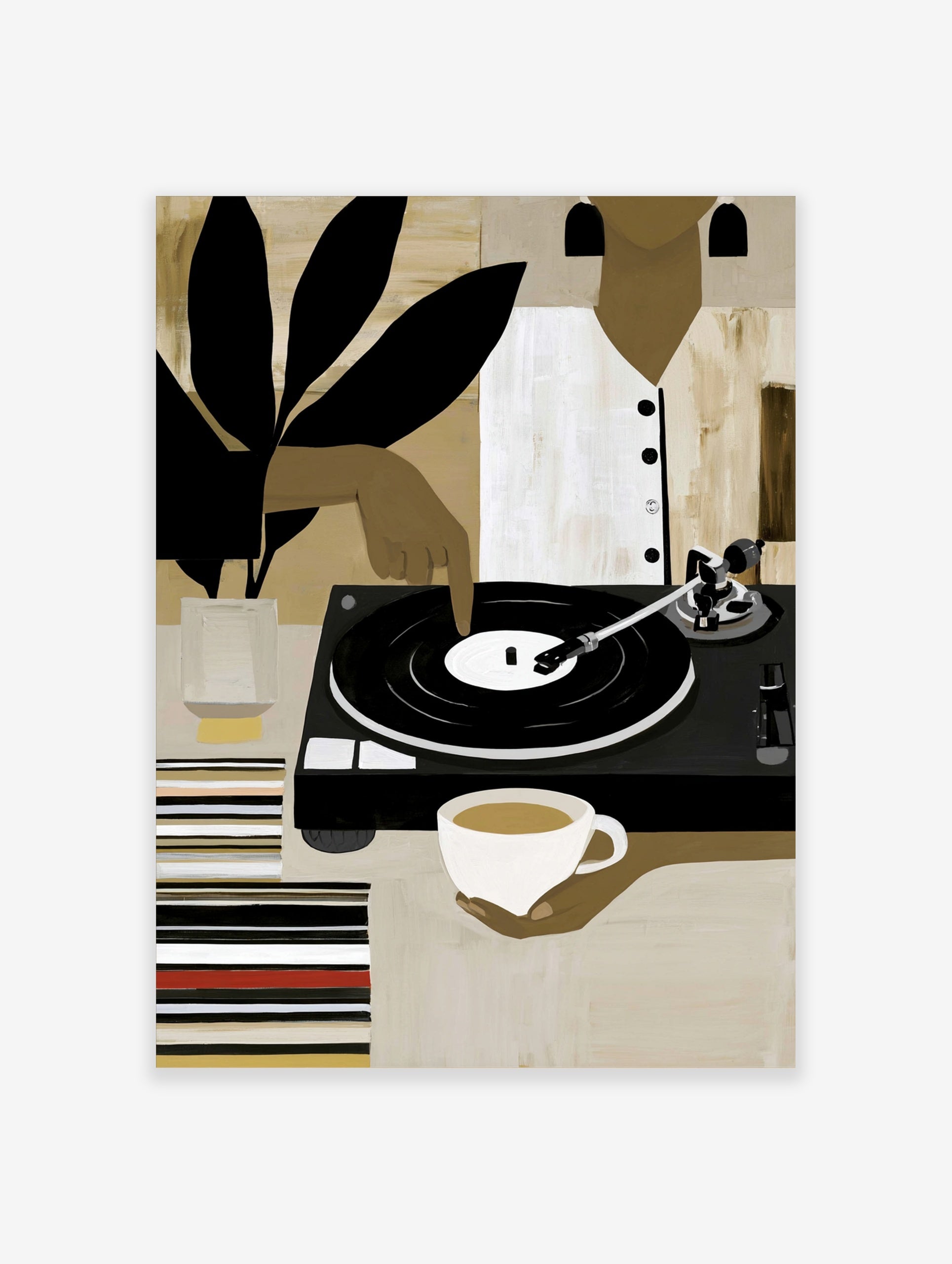 Modern illustrative wall art of a person with a vinyl record player, coffee, and plant leaves, in earthy tones