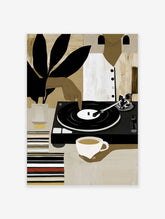 Modern illustrative wall art of a person with a vinyl record player, coffee, and plant leaves, in earthy tones