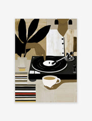 Modern illustrative wall art of a person with a vinyl record player, coffee, and plant leaves, in earthy tones
