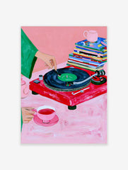 Illustrative art print of a red vinyl record player, tea set, and magazines on a pink background