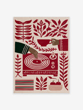 Stylised red and cream illustration of a hand playing a vinyl record, surrounded by botanical leaves and apples
