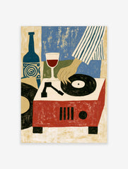 Illustrative art print of a hand playing a vinyl record on a red turntable next to a wine glass and blue bottle