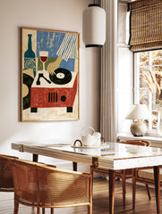 Illustrative art print of a hand playing a vinyl record on a red turntable next to a wine glass and, in a styled room mockup