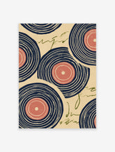 Vinyl record pattern wall art with navy blue and red concentric circles and green cursive script on a cream background