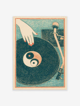 Illustrative print of a hand with red nails on a vinyl record with a Yin Yang symbol, turntable arm, teal background