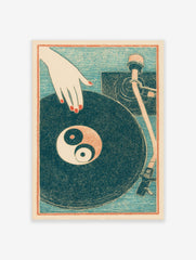 Illustrative print of a hand with red nails on a vinyl record with a Yin Yang symbol, turntable arm, teal background