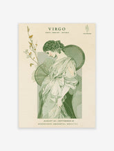 Virgo zodiac poster with maiden in draped robes, green botanical sprigs, and astrology text on cream background