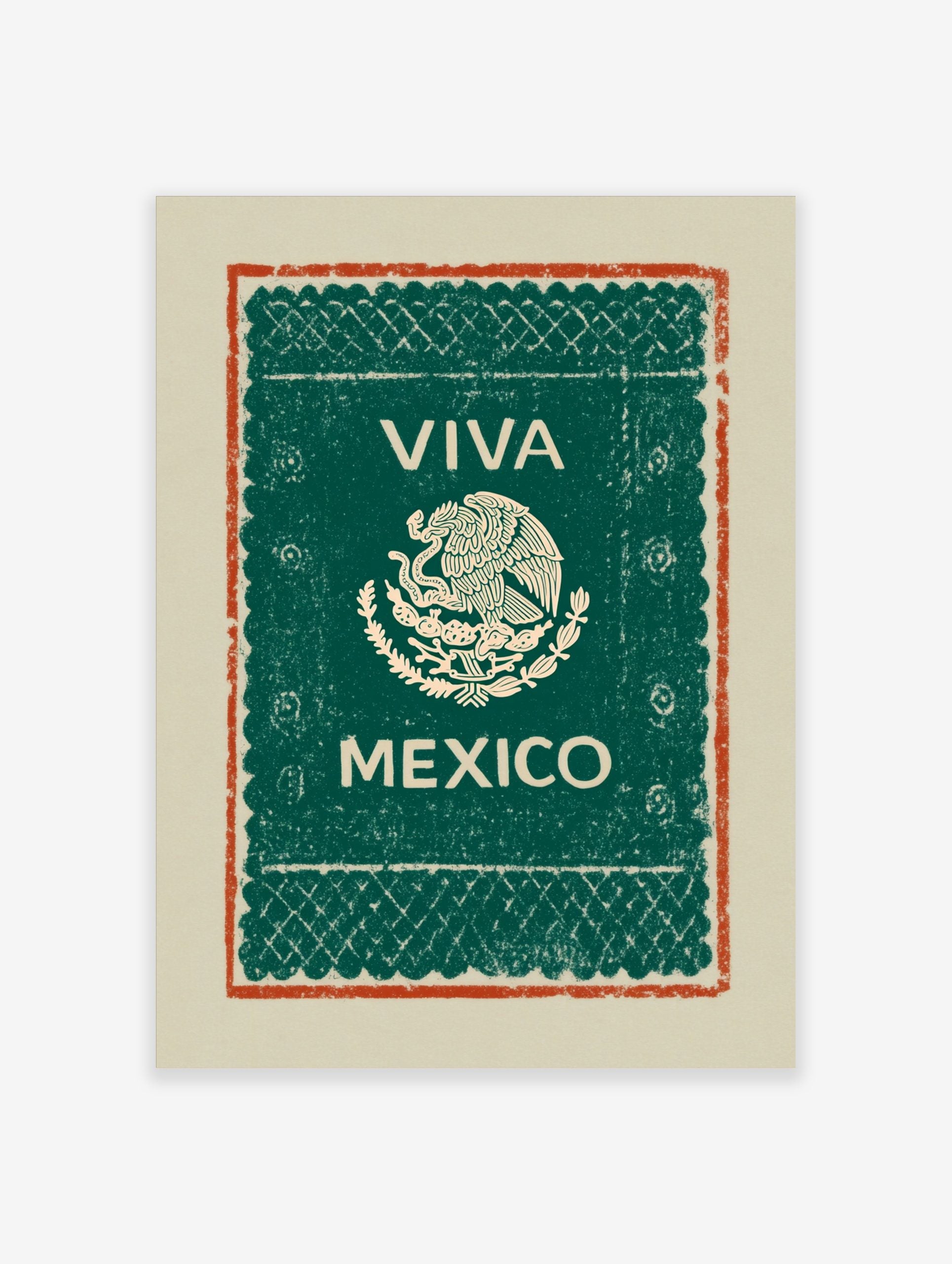 Viva Mexico wall art with eagle and serpent emblem, 'VIVA MEXICO' text, green background, and red distressed border