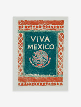 Viva Mexico art print with an eagle, snake, and cactus emblem on a teal-green panel with an orange-red patterned border