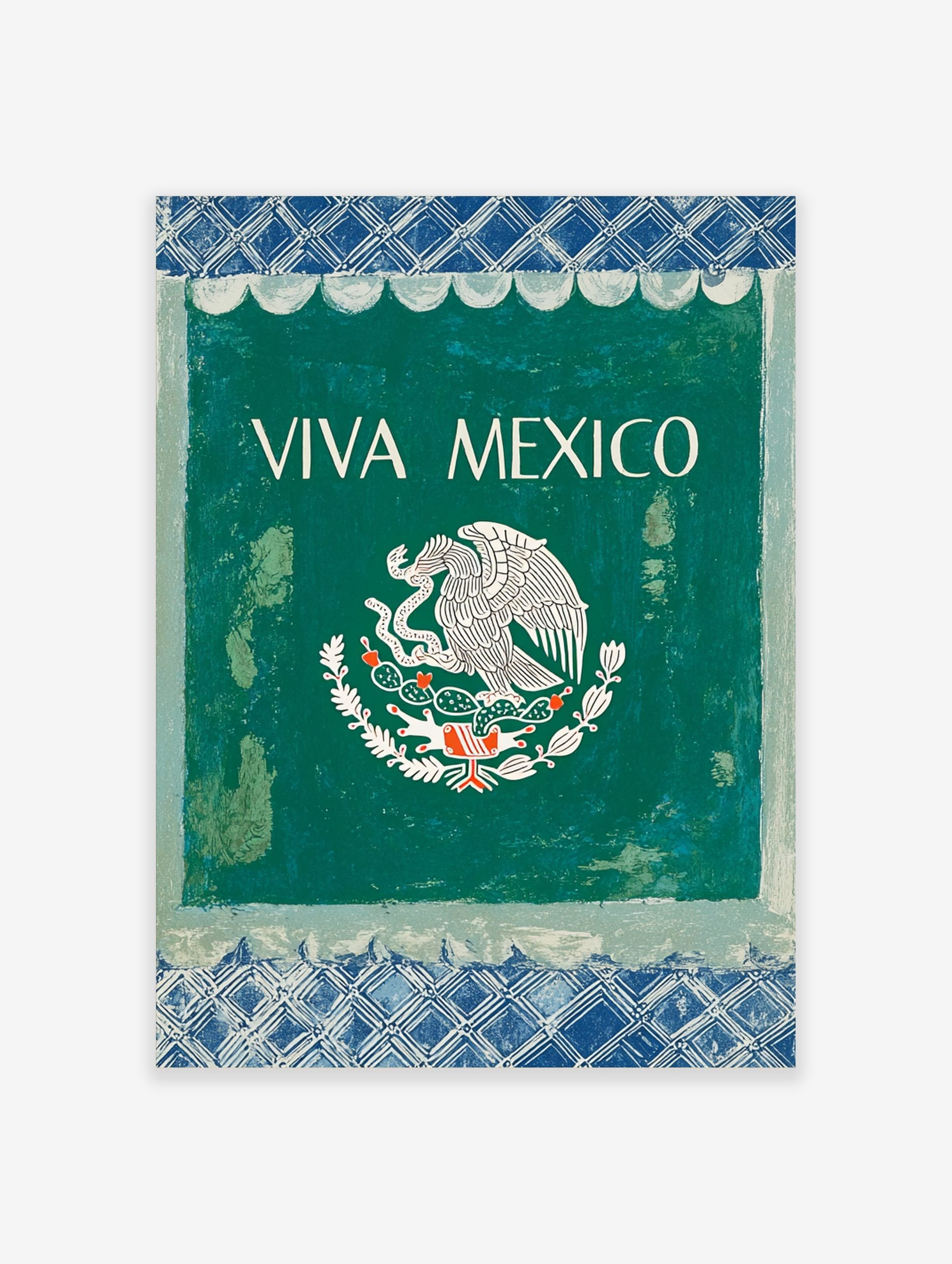 VIVA MEXICO wall art with white text and Mexican eagle emblem on dark green, framed by blue patterned borders