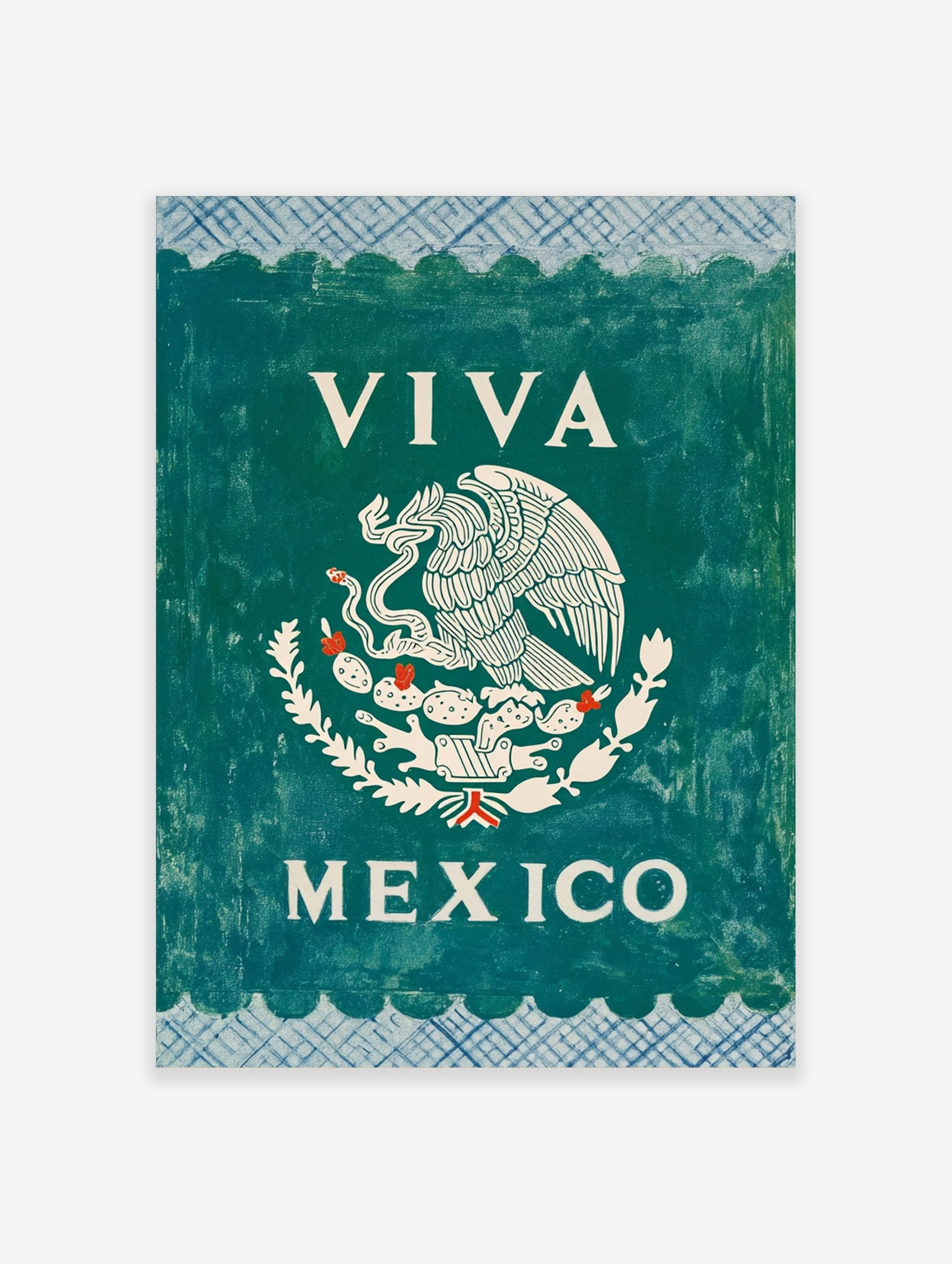 Viva Mexico Wall Art with white Mexican eagle emblem on dark green, blue patterned borders