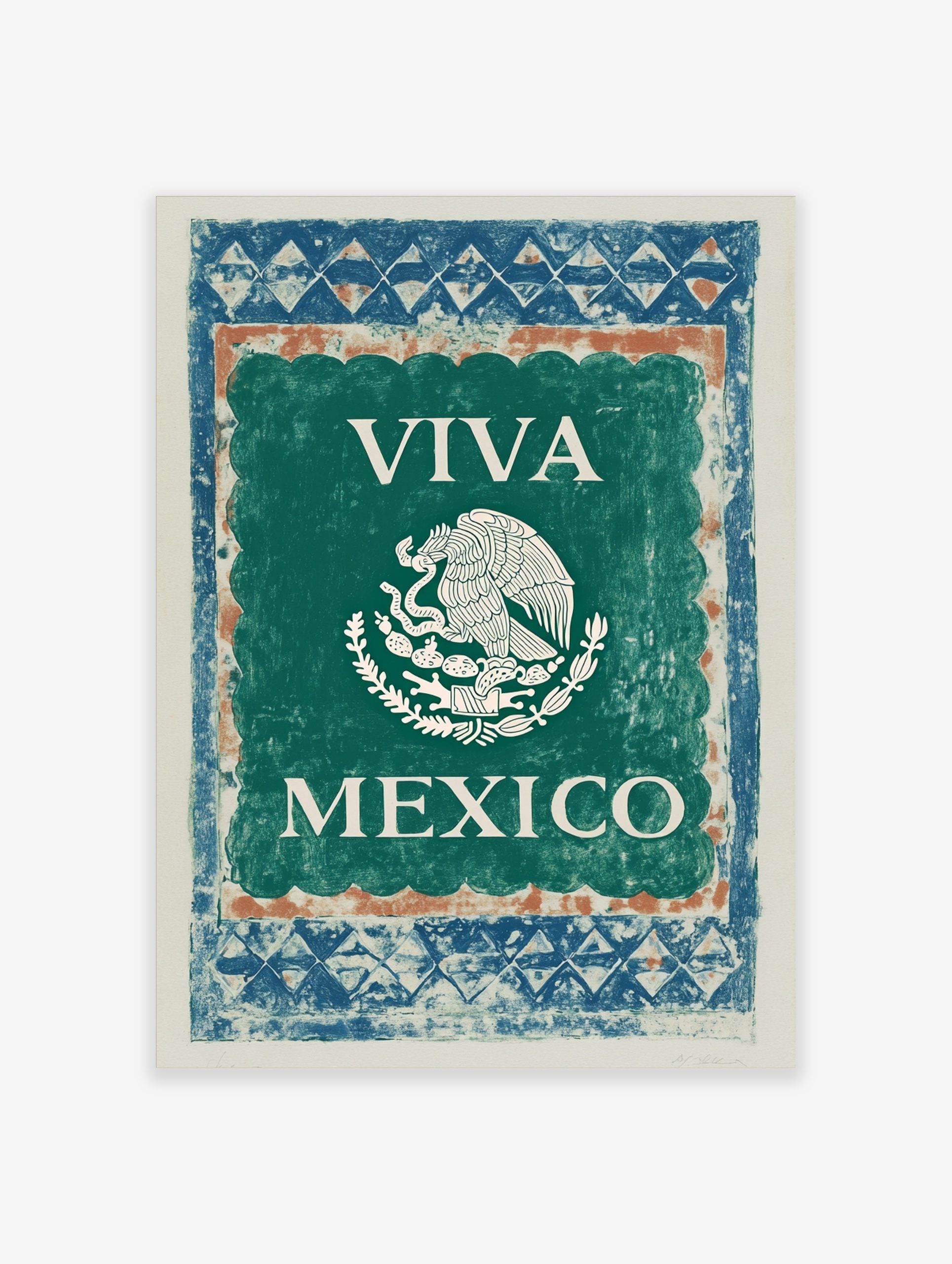 VIVA MEXICO wall art print with white Mexican eagle emblem on green background and blue-orange border