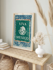 VIVA MEXICO wall art print with white Mexican eagle emblem on green background and, in an alternate framed mockup