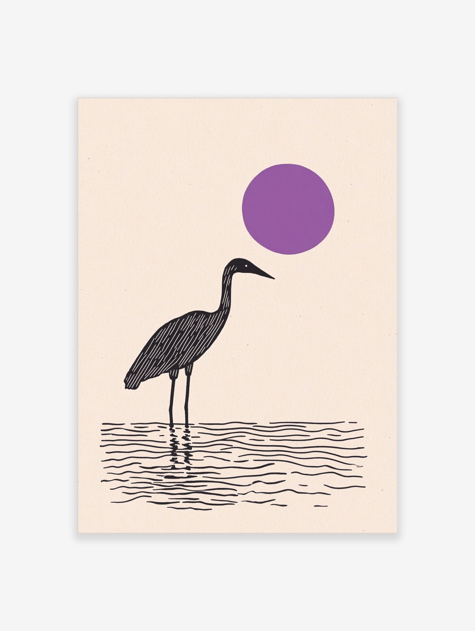 Minimalist black wading bird standing in water with a large purple sun on a beige background
