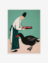 Illustrative print of person in chef's hat holding tray for black duck with red beak on teal and pink background